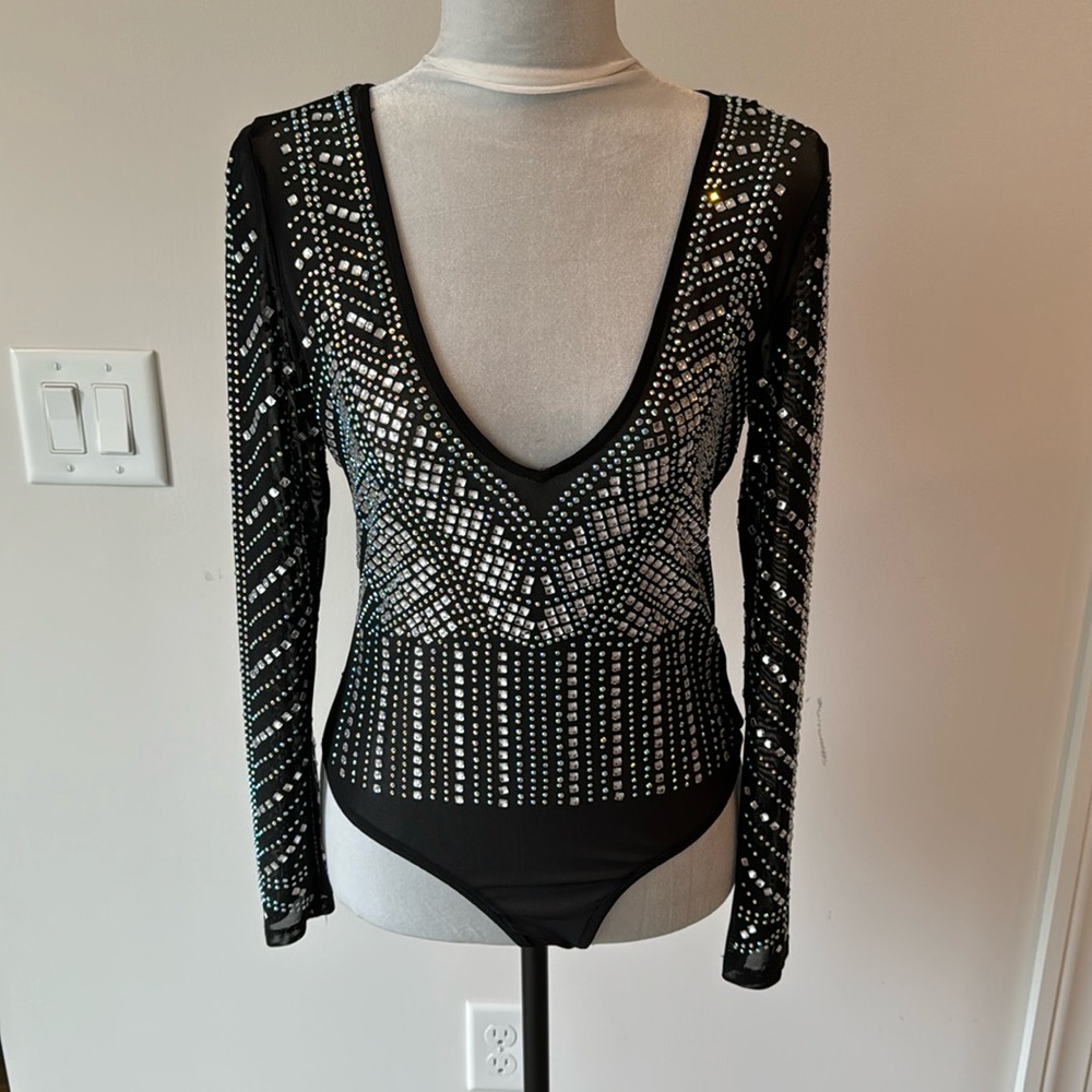 Windsor Black Long Sleeve Embellished V-Neck Bodysuit with Silver Studs